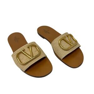 Valentino Garavani VLogo Raffia Slide Sandals Beige Gold Flat Slides EU 38